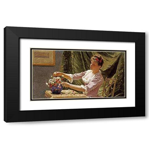A Young Woman Arranging Flowers Black Modern Wood Framed Art Print with Double Matting by Claus, Emile