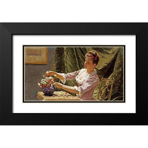 A Young Woman Arranging Flowers Black Modern Wood Framed Art Print with Double Matting by Claus, Emile