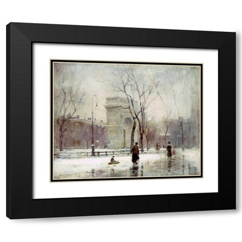 Winter In Washington Square Black Modern Wood Framed Art Print with Double Matting by Cornoyer, Paul