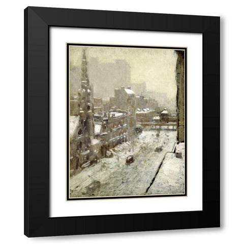 Winter In The City Black Modern Wood Framed Art Print with Double Matting by Cornoyer, Paul