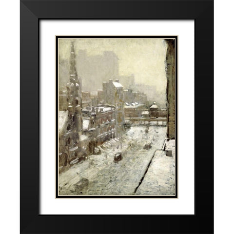 Winter In The City Black Modern Wood Framed Art Print with Double Matting by Cornoyer, Paul