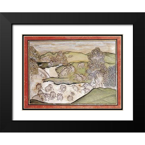Elephants Bathing Black Modern Wood Framed Art Print with Double Matting by Devgarh