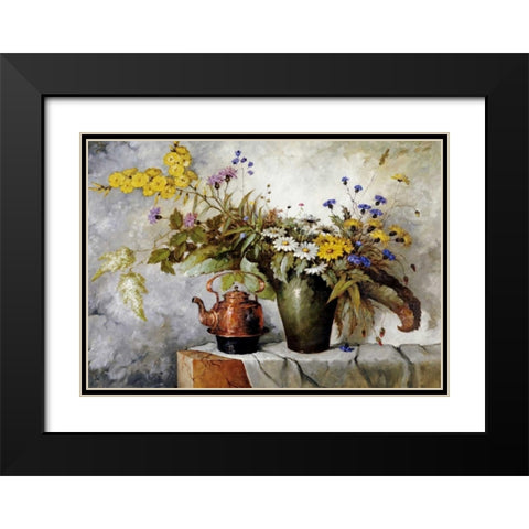 Cornflowers, Daisies and Other Flowers In a Vase Black Modern Wood Framed Art Print with Double Matting by Fischer, Carl H.