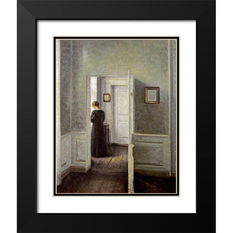 An Interior With a Woman Black Modern Wood Framed Art Print with Double Matting by Hammershoi, Vilhelm