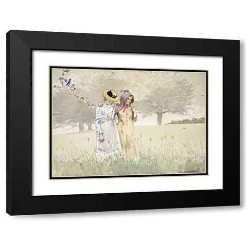 Girls Strolling In An Orchard Black Modern Wood Framed Art Print with Double Matting by Homer, Winslow