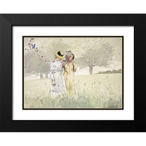 Girls Strolling In An Orchard Black Modern Wood Framed Art Print with Double Matting by Homer, Winslow