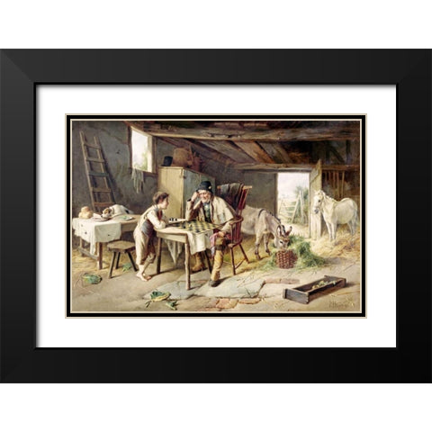 Game of Draughts Black Modern Wood Framed Art Print with Double Matting by Hunt, Charles