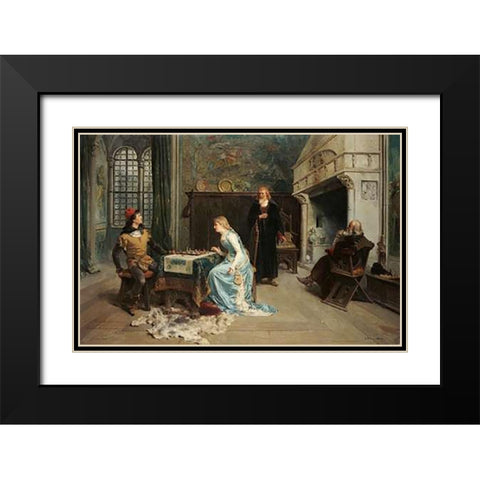 Fernando and Iolanda Playing Chess Black Modern Wood Framed Art Print with Double Matting by Induno, Girolamo