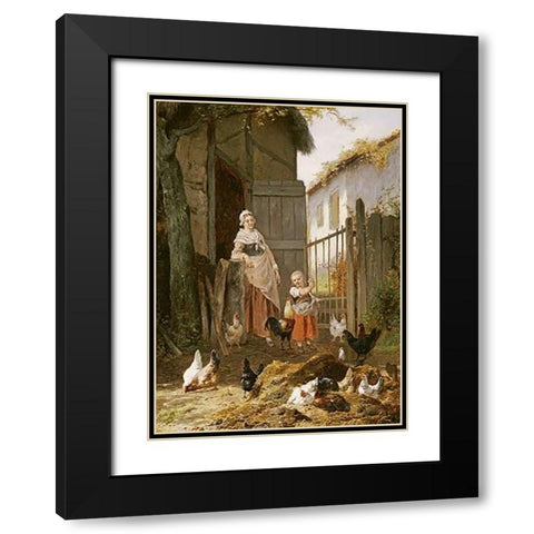 Feeding The Chickens Black Modern Wood Framed Art Print with Double Matting by Maes, Eugene Remy