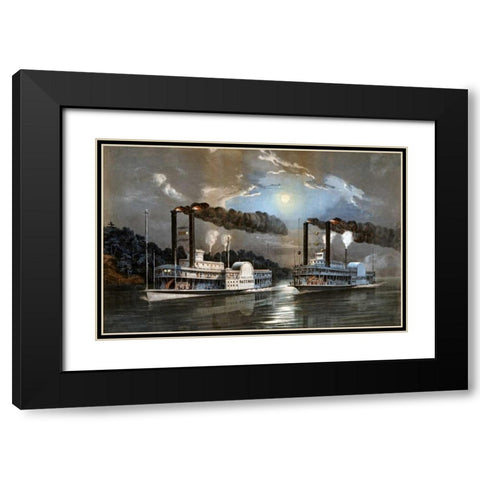A Midnight Race on The Mississippi Black Modern Wood Framed Art Print with Double Matting by Manning, D.