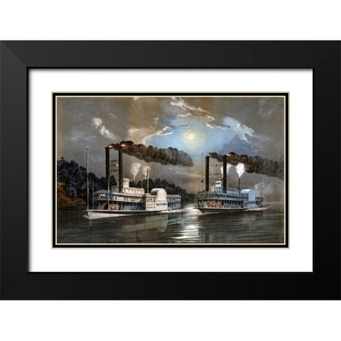 A Midnight Race on The Mississippi Black Modern Wood Framed Art Print with Double Matting by Manning, D.