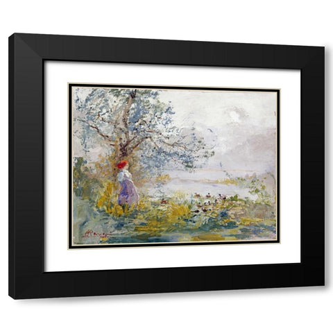 A Peasant Girl and Ducks Black Modern Wood Framed Art Print with Double Matting by Mariani, Pompeo