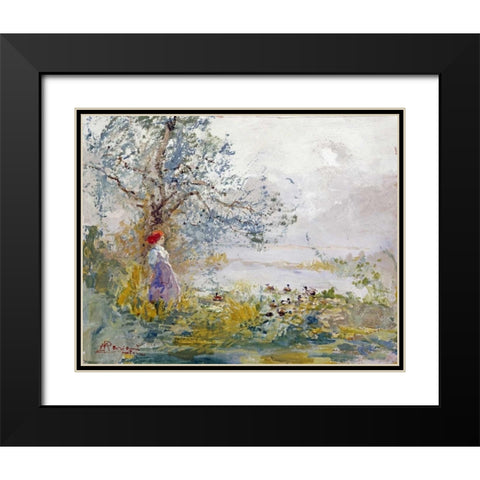 A Peasant Girl and Ducks Black Modern Wood Framed Art Print with Double Matting by Mariani, Pompeo