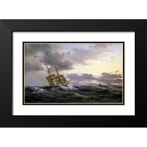 Sailing Vessels In a Stormy Sea Black Modern Wood Framed Art Print with Double Matting by Melbye, Wilhelm