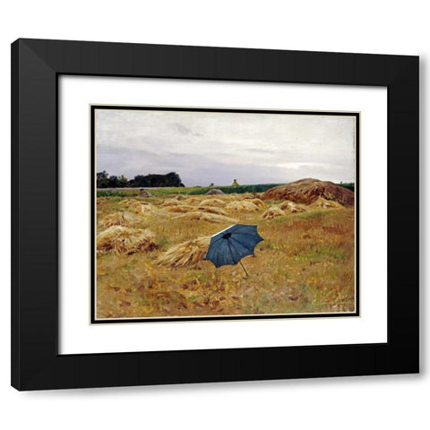 The Blue Umbrella Black Modern Wood Framed Art Print with Double Matting by Pearce, Charles Sprague