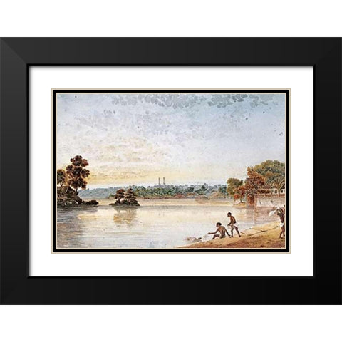 Benares From The Mundakinee Tulao Black Modern Wood Framed Art Print with Double Matting by Prinsep, James