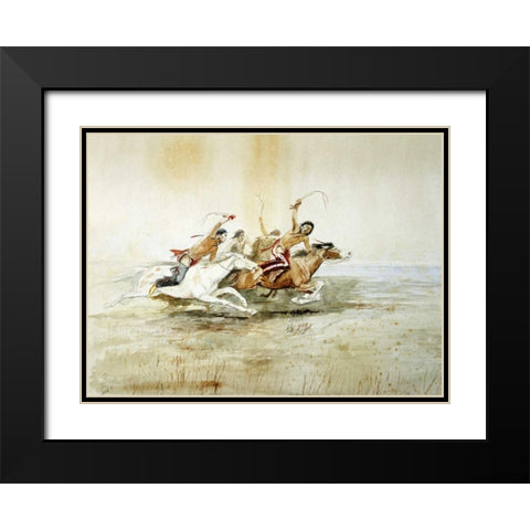 Indian Horse Race No.4 Black Modern Wood Framed Art Print with Double Matting by Russell, Charles M.