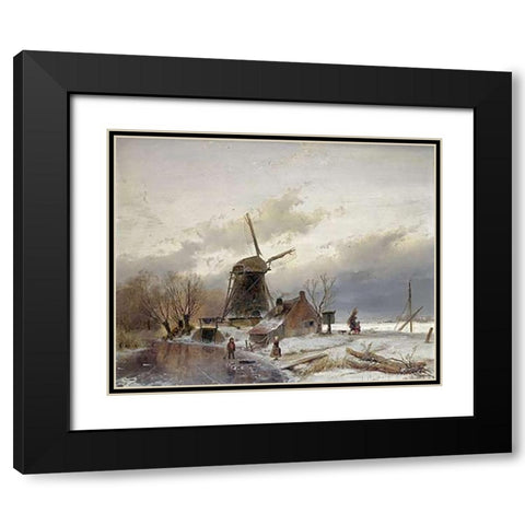 A Frozen River Landscape With a Windmill Black Modern Wood Framed Art Print with Double Matting by Schelfhout, Andreas