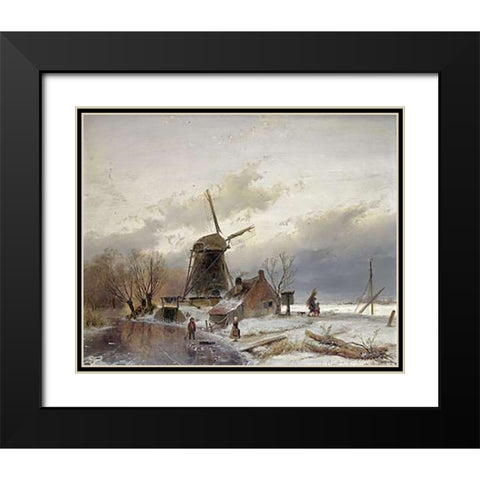 A Frozen River Landscape With a Windmill Black Modern Wood Framed Art Print with Double Matting by Schelfhout, Andreas