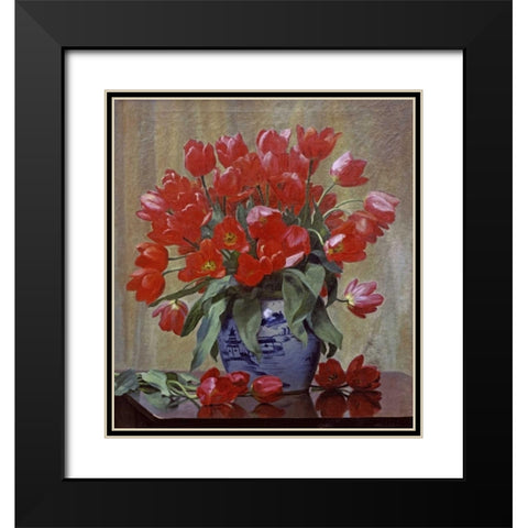 Tulips In a Porcelain Vase Black Modern Wood Framed Art Print with Double Matting by Schou, Peter Johan