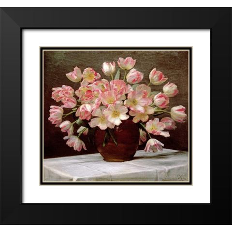 Tulips In a Vase on a Draped Table Black Modern Wood Framed Art Print with Double Matting by Schou, Peter Johan