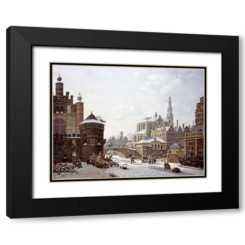 A Capriccio View of a Town Black Modern Wood Framed Art Print with Double Matting by Verheyen, Jan Hendrik