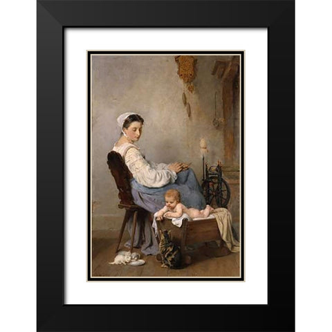 Watching The Kittens Black Modern Wood Framed Art Print with Double Matting by Weisz, Adolphe