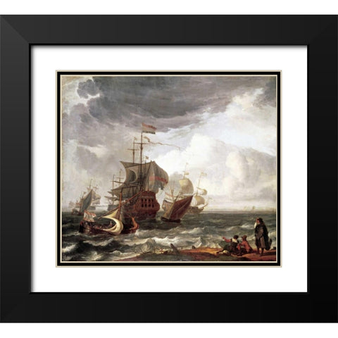Dutch Warships Black Modern Wood Framed Art Print with Double Matting by Backhuysen, Ludolf
