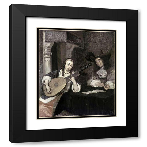 Woman Playing The Lute Black Modern Wood Framed Art Print with Double Matting by Ter Borch, Gerard