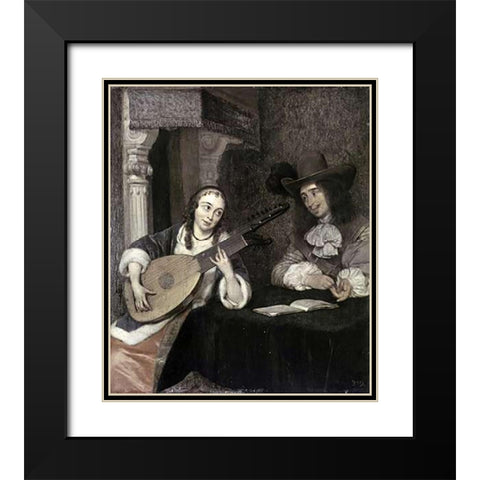 Woman Playing The Lute Black Modern Wood Framed Art Print with Double Matting by Ter Borch, Gerard