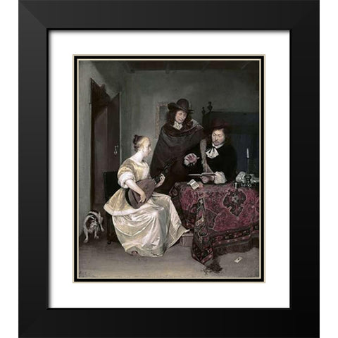 Young Woman Playing The Theorbo To Two Men Black Modern Wood Framed Art Print with Double Matting by Ter Borch, Gerard