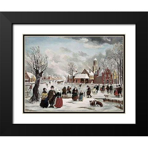 Winter Life In Holland Black Modern Wood Framed Art Print with Double Matting by Van der Bowlen, J.