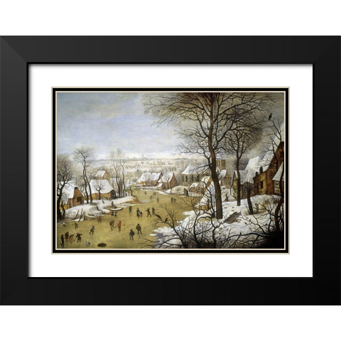 A Winter Landscape with Skaters and a Bird Trap Black Modern Wood Framed Art Print with Double Matting by Bruegel the Elder, Pieter