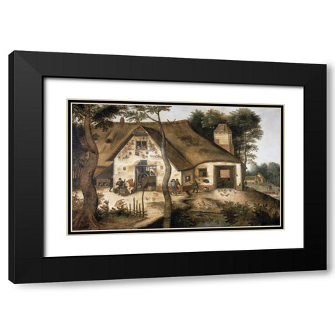 Auberge Saint-Michel Black Modern Wood Framed Art Print with Double Matting by Bruegel, Pieter the Younger