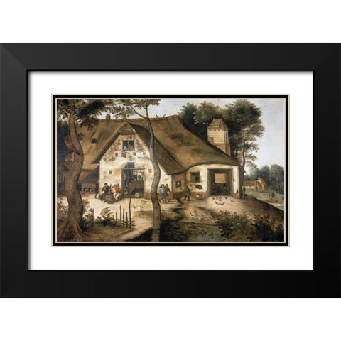 Auberge Saint-Michel Black Modern Wood Framed Art Print with Double Matting by Bruegel, Pieter the Younger