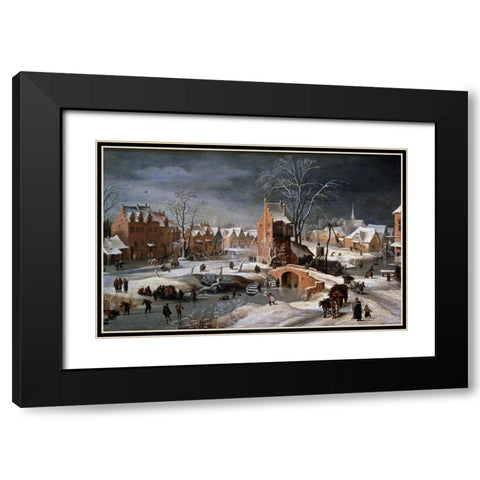 Winter Scene With Ice Skaters and Birds Black Modern Wood Framed Art Print with Double Matting by Bruegel, Pieter the Younger