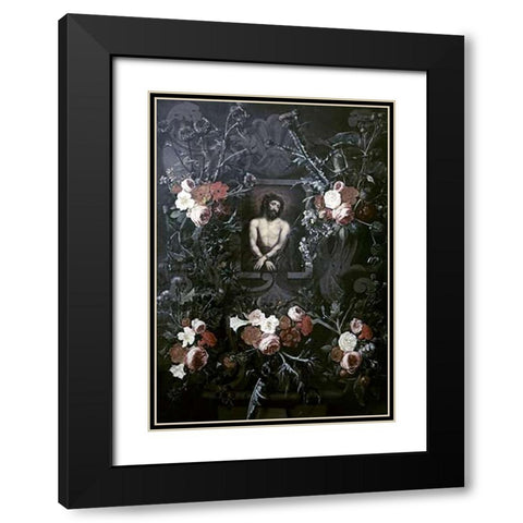 Museumist In a Wreath of Flowers Black Modern Wood Framed Art Print with Double Matting by Ter Brugghen, Hendrick