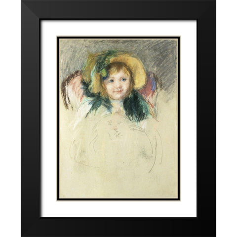 Sara in a Bonnet with a Plum Hanging Down Black Modern Wood Framed Art Print with Double Matting by Cassatt, Mary