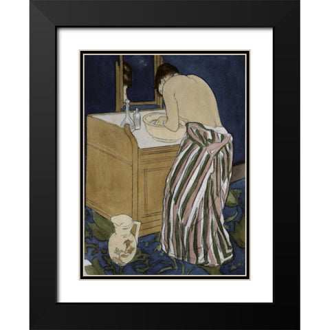 Woman Bathing Black Modern Wood Framed Art Print with Double Matting by Cassatt, Mary