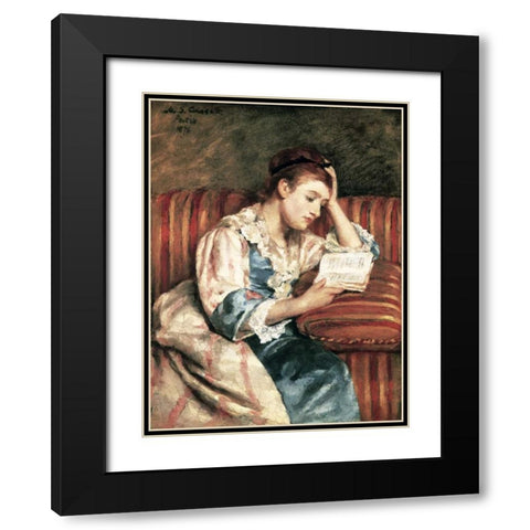 Young Woman Reading Black Modern Wood Framed Art Print with Double Matting by Cassatt, Mary
