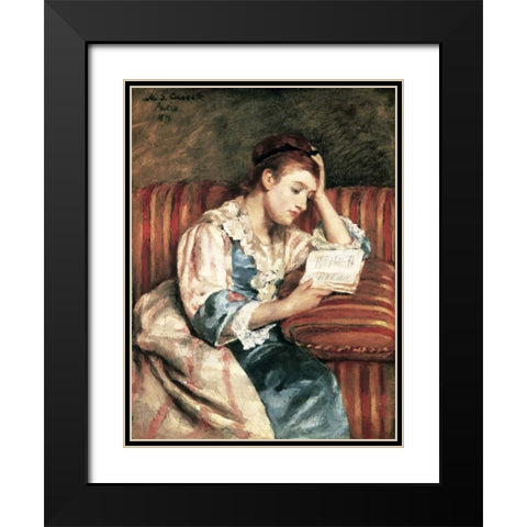 Young Woman Reading Black Modern Wood Framed Art Print with Double Matting by Cassatt, Mary