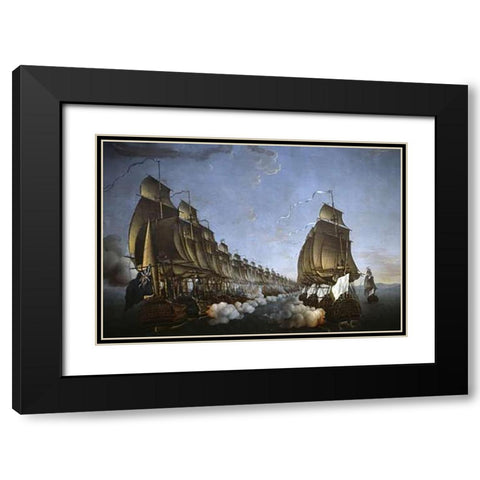 Combat Between The French and English Fleets As Viewed From Goudelour Black Modern Wood Framed Art Print with Double Matting by Rossel de Cercy, Auguste Louis