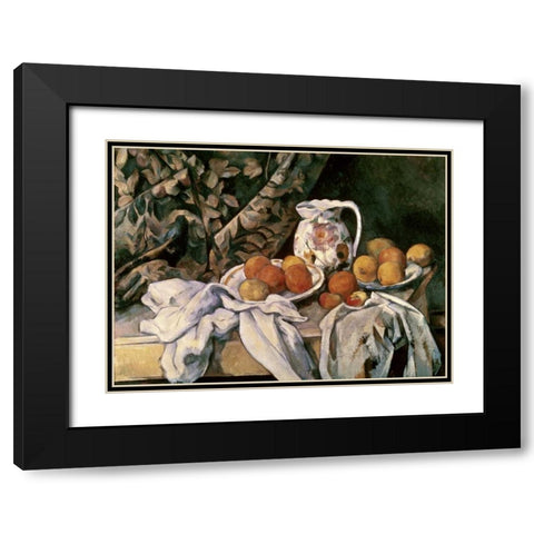 Curtain, Carafe and Fruit Black Modern Wood Framed Art Print with Double Matting by Cezanne, Paul