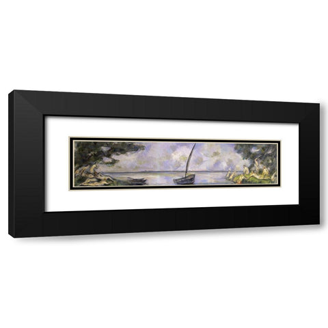 The Bathers and The Barge Black Modern Wood Framed Art Print with Double Matting by Cezanne, Paul
