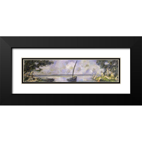 The Bathers and The Barge Black Modern Wood Framed Art Print with Double Matting by Cezanne, Paul