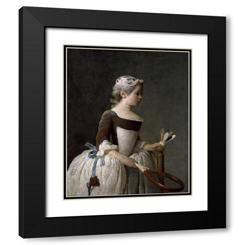Girl With Racket and Shuttlecock Black Modern Wood Framed Art Print with Double Matting by Chardin, Jean-Baptiste-SimÃ©on