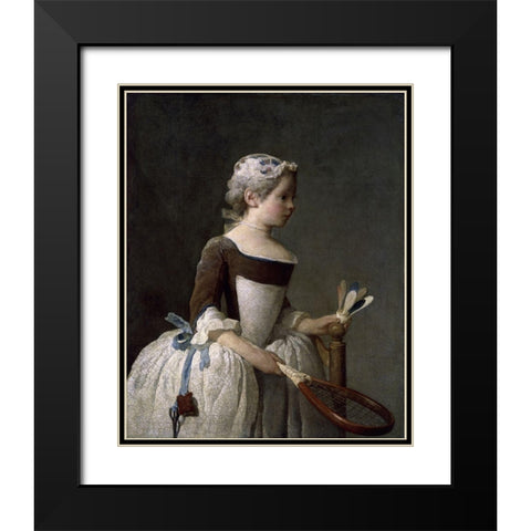 Girl With Racket and Shuttlecock Black Modern Wood Framed Art Print with Double Matting by Chardin, Jean-Baptiste-SimÃ©on