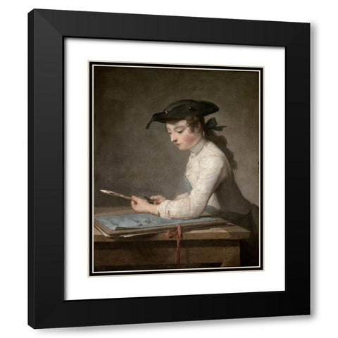 Young Draftsman Black Modern Wood Framed Art Print with Double Matting by Chardin, Jean-Baptiste-SimÃ©on