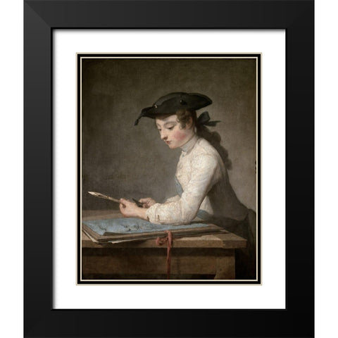 Young Draftsman Black Modern Wood Framed Art Print with Double Matting by Chardin, Jean-Baptiste-SimÃ©on