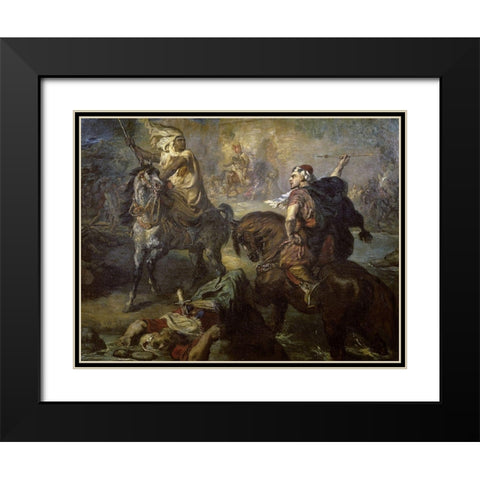 Arab Chiefs Challenging To Combat Under a City Ramparts Black Modern Wood Framed Art Print with Double Matting by Chasseriau, Theodore